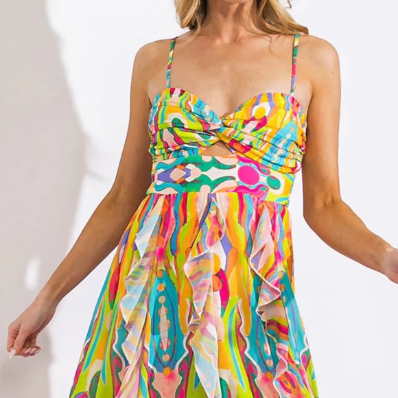 Flying Tomato Yellow and Green Asymmetrical Sundress - Picture 3 of 7